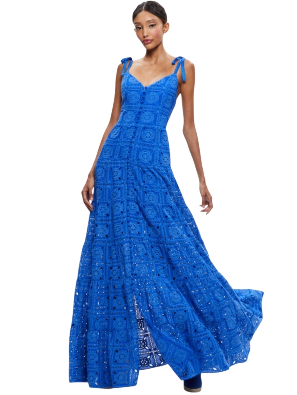 Alice + Olivia Shanti Eyelet Button Front Tiered Maxi Dress Sapphire Blue. 4